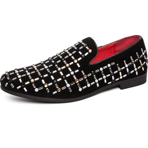 XQWFH Brand Black Rhinestone Men Dress Shoes Velvet Crystal Luxury Moccasins Mens Loafers Office Business Man Footwear