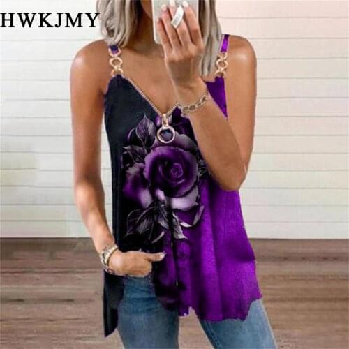 Women Summer V-neck Zipper Shirt Rose Print Chain Strap Off Shoulder Blouse Woman Clothing Short Sleeve Streetwear Tops 8XL