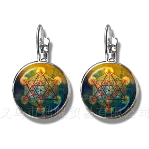 Pentacle Earrings 16mm Glass Dome Art Picture Circle Silver Plated Stud Earrings Fashion Gift Pray For Happiness Keep Talisman