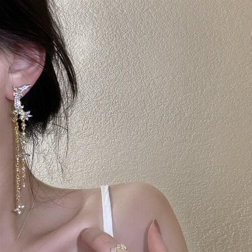 2021 New Trendy Asymmetrical Geometric Crystal Flower Moon Dangle Earrings for Women Luxury Long Tassel Dangle Earrings