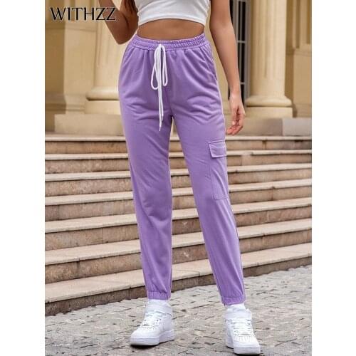 WITHZZ Spring Autumn Pocket Trousers Womens Loose Lace Up Sports Casual Purple Pants