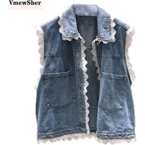 VmewSher New Spring Fashion Lace Patchwork Women Denim Vest Sleeveless Jean Jacket Coat Summer Female Sweet Pockets Waistcoat