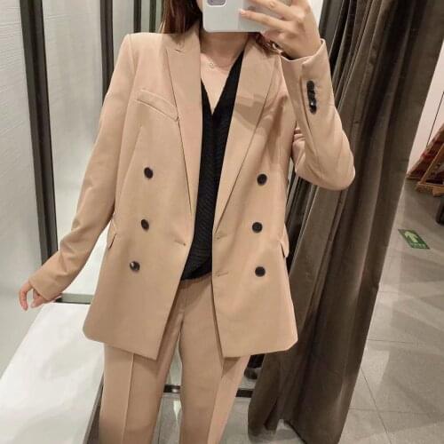 ZA 2021 Autumn Winter New Women Two Piece Set Double Breasted Blazer & High-Waist Straight Trousers Pants
