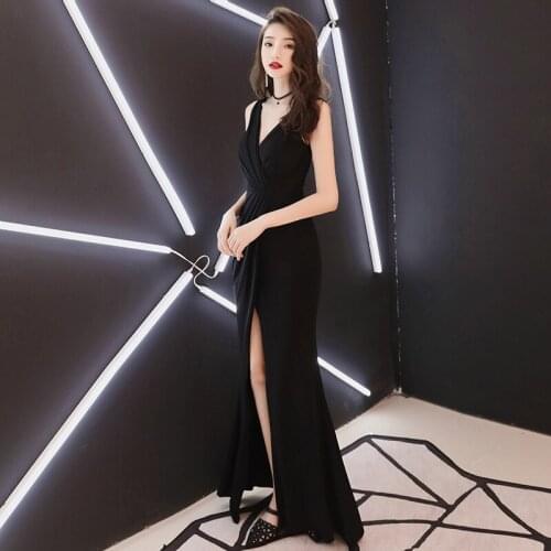 Black Fashion Evening Dress Cheongsam Modern Mermaid V Neck Slim Host Dresses Qi Pao Women Chinese Traditional Clothing Qipao