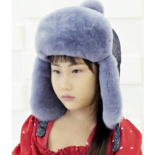 Winter warm hat for girls natural pompom rabbit fur bomber hats warm earflap cute kids real fur hat with balls