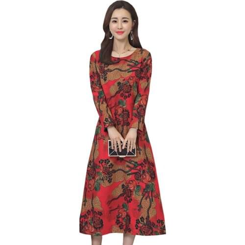 2019 Autumn New Women Printed Flower Dress Linen Cotton Long Sleeve Maxi Dresses Large Size Loose Vintage Dress Vestidos R277