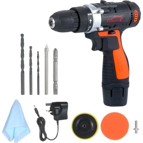 12V Cordless Drill / Driver Kit Polisher Car Buffer Waxer Set 1400rpm Variable Speed with Light Rechargeable Power Screwdriver
