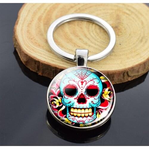 Double Face Keyring Sugar Skull Keychain Mexico Folk Art Sugar Skull Glass Pendant Metal Day Of The Dead Jewelry Christmas Gift