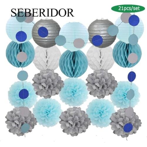 Kids Boy Comunion Party Favor Silver Blue Set Hanging Paper Lantern Baby Girl Baptism Decor Folding Ball Honeycomb Tissue Flower