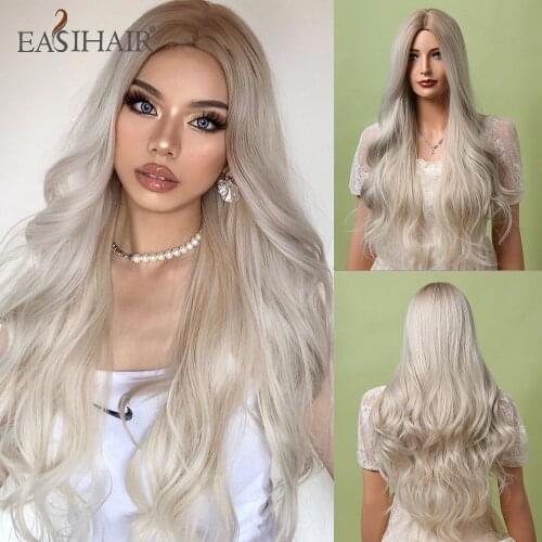 EASIHAIR Long Ombre Brown Light Blonde Synthetic Wavy Wigs Middle Part Cosplay Party Daily Heat Resistant Hair Wigs for Women