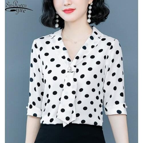 Korean Womens Tops and Blouses 2020 Summer Casual V-neck Chiffon Blouse Elegant Polka Dot Clothes Plus Size Blusas 9029 50