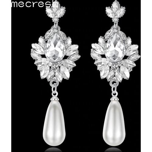 Mecresh Elegant Simulated Pearl Bridal Drop Earrings for Women Flower Crystal Hanging Brincos 2018 Wedding Jewelry MEH1022