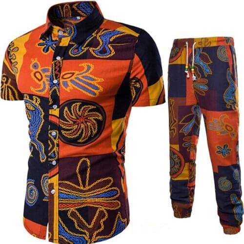 Fashion Mens Casual Shirt Set 2021autumn Winter New Cotton Splicing Printing Short-sleeved Trousers Suit European Plus Size 5XL