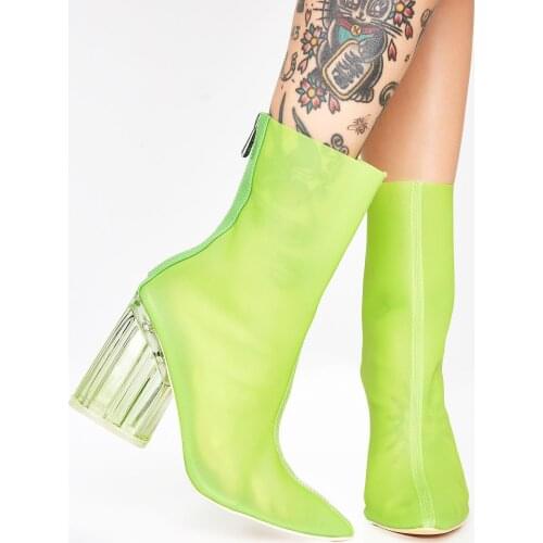 Fashion PVC material Fluorescent Green Color Woman boots in High Think Heel with Matte Black Color Spring Boots in Pointed toe