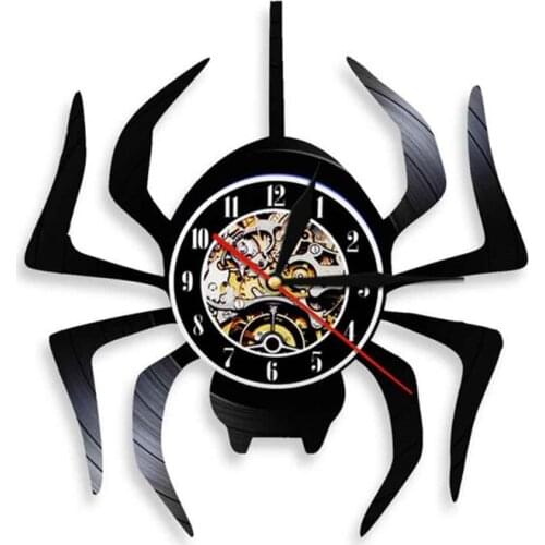 Black Widow Spider Vinyl Record Wall Clock Spooky Spider Araneid Halloween Party Creative Silent Hanging Animals Decor Watch