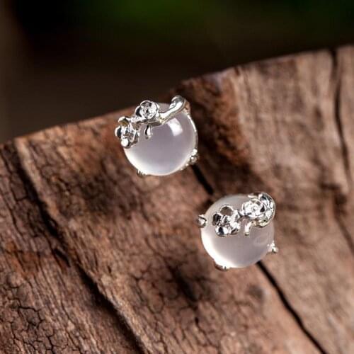 New original design silver inlaid moonlight white chalcedony plum blossom earrings for friends anniversary gifts