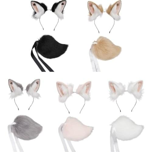 Lolita Plush Animal Hair Hoop Rabbit Ears Headwear Tail Set Furry Hairband with Heart Fancy Dress Up Cosplay Accessories