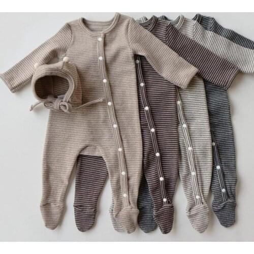 Newborn Infant Baby Boy Girl Clothes Cute Striped Rompers Long Sleeve Wrapped Foot Jumpsuit Fashion Onesie 2021 Autumn New