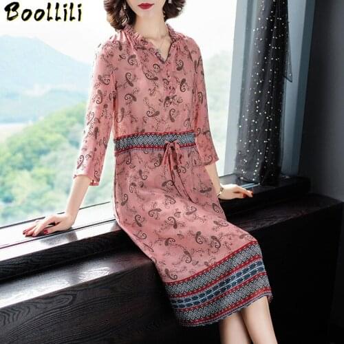 Boollili 2020 Summer 100% Silk Dress Women Pink Floral Midi Boho Dress Elegant Beach Ladies Dresses Vintage Vestidos De Festa