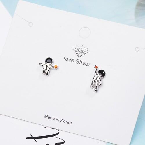 925 Sterling Silver Sky Space Astronauts Small Asymmetric Stud Earrings With Crystal For Women Girl S-E919