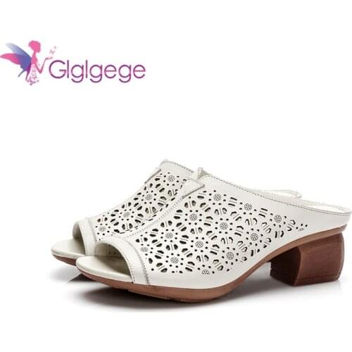 Glglgege Womens Genuine Leather Shoes Woman Hollow Out Print Slippers Female Summer Outside Slides Ladies Shoes