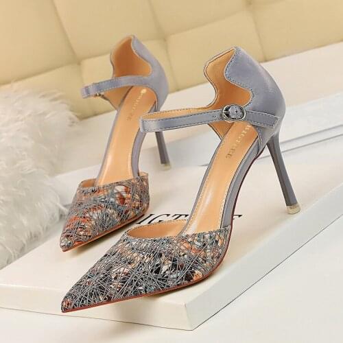 BIGTREE Sexy Pumps High Heels 8cm Buckle Nightclub Shoes Woman Pointed Toe Stripe Pumps Summer Ladies Office Dress Black Heels