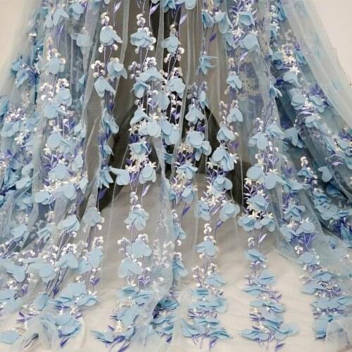 Nude Pink / Blue 3D Flower Tulle Lace Fabric African French Lace Fabric Nigerian Embroidery Tulle Fabric For Prom Gown 91*130cm