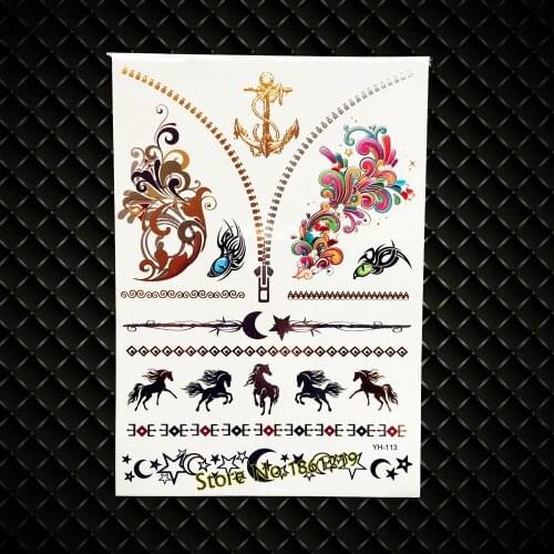 Big Size 21x15CM Zipper Pattern Gold Metallic Waterproof Transfer Tattoo Black Horse Goddess Henna Flower Temporary Tattoo Jewel