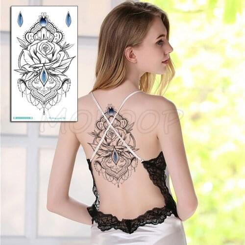 Temporary Chest Tattoo Sticker Rose Flower Diamond Hanna Necklace Fake Tatoo Flash Tatto Waterproof for Women Men Body Art