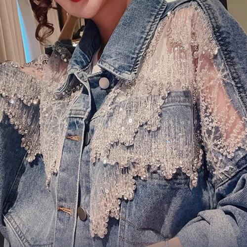 New Spring Patchwork Lace Denim Jackets Coat Women Tassel Beading Diamonds Jackets Outerwear Coats and Jackets Women