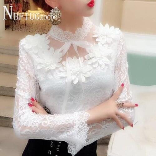 2020 Spring Summer New Lace Women Blouse Korean Flower Decor Sweet Female Blouses