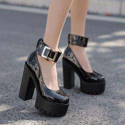 Chunky Heel 13cm round Toe Catwalk Super High Heels Womens Platform Patent Leather Pumps Cheongsam Model Performance Shoes