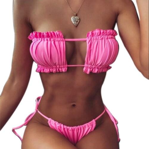 Ladies Sexy Square Two Piece Bikini Swimsuit Two Pieces Swimwear Suit Sexy Strap-Free Backless Bra Triangle Thong Panties