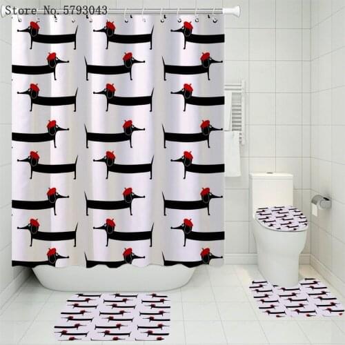 3/4 Pieces Sausage Dog Shower Curtains Sets Dachshund Carpet Toilet 3D Print Cartoon Animals Waterproof Bathroom Set Decor