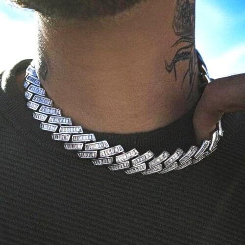 High Quality Iced Out Women Men Jewelry Hip Hop Bling Baguette 5A Cz Paved 19mm Width Cuban Link Chain Big Heavy Chunky Necklace