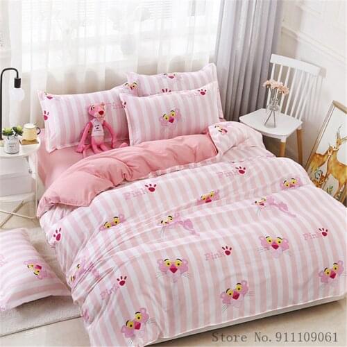 Home Textile Duvet Cover Sheet Pillowcase Children and Adult Bedding Set Pink Stripe Panther Pattern King Single Size Bedclothes