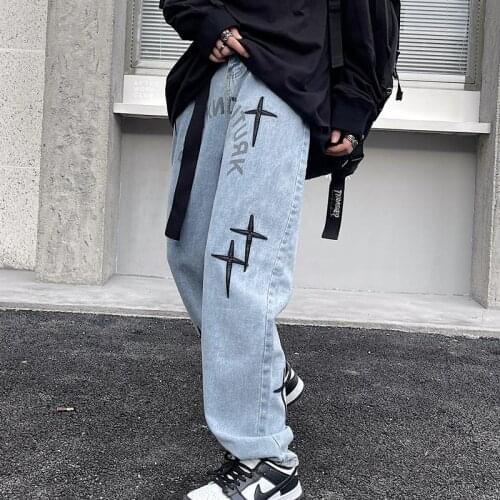 Jeans womens trend jeans leather embroidery design letter printing heavy industry casual loose wide-leg straight-leg pants