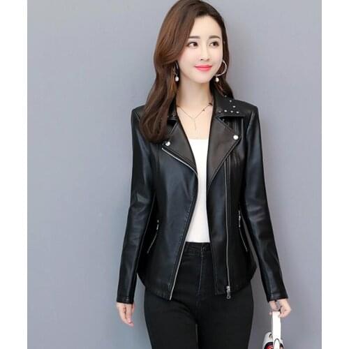 Large Size Womens Leather Coat New 2021 Motorcycle Leather Jacket Women Jackets Short Slim Coats Female Leather Clothing Black