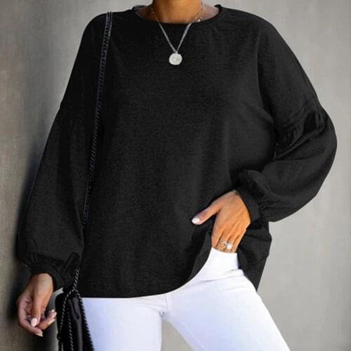 Fashion Solid Color Fall Women T-Shirts Round Neck Long Lantern Sleeve Simple Tunic Clothes Loose Casual Female Tee Tops