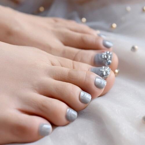 Marble Smooth Short Toe Nail Glitter Gray Designed Rhinestone Fake Nail Shiny Square Artificial Toe Tips