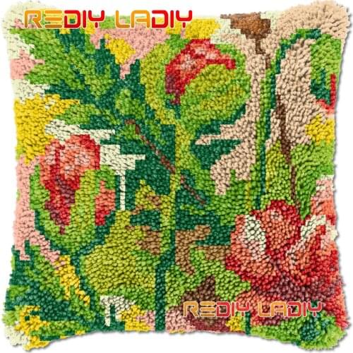Latch Hook Cushion Poppies DIY Needlepoint Kits Chunky Acrylic Yarn Arts Crocheting Lofty Pillow Case Hobby & Crafts