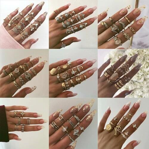 Vintage 28 Style Combined Gold Geometric Crystal Opal Ring Set For Women Boho Adjustable Fashion Rings Female Party Jewelry Gift