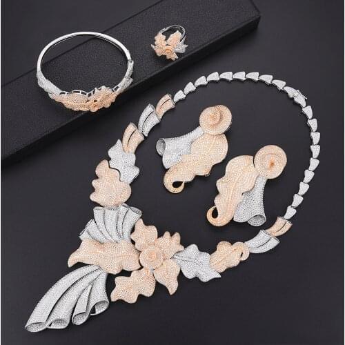 Blachette Luxury Leaf Dubai for Women Fashion Jewelry Wedding Necklace Earrings Bracelet Ring Jewelry Set Parure Bijoux Femme