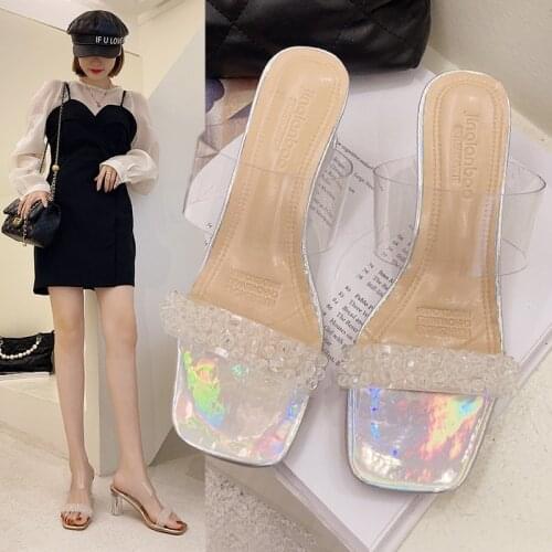 Women Sandals Transparent Heels Chunky High Pumps Narrow Band Women Slides Peep Toe Summer Ladies Shoes 7cm Size 35-42