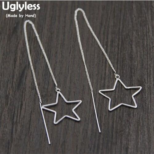 Uglyless S925 Sterling Silver Girls Lovely Hollow Stars Drop Earrings Handmade Long Chains Ear Lines Simple Brincos Dress Bijoux