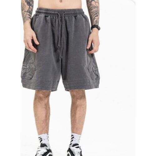 Mens Summer New Trendy Brand Washed Old Retro Cow Head Embroidery Casual Basketball Sports Pants Loose Oversized Fashion