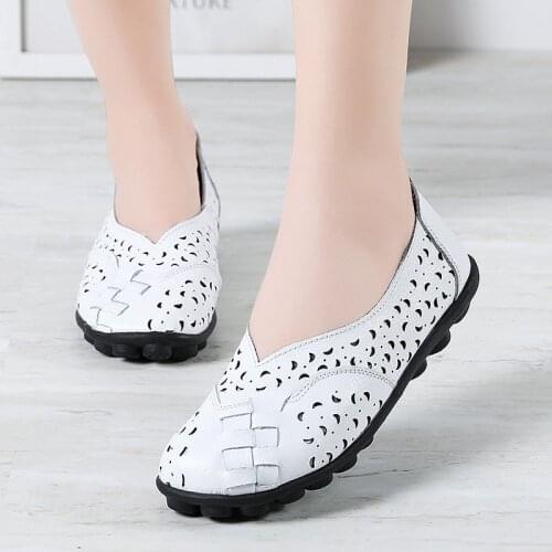 Tilocow Hollow Out Leather Women Flats For Ladies Loafers Shallow Breathable Lazy Shoes Woman Large Size Soft Bottom Footwear