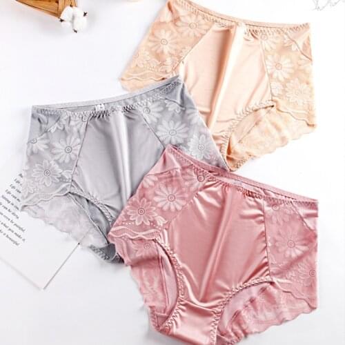 Satin Panties Womens Large Size Sexy Lace High Quality High Waist Comfortable Briefs Ladies Female Underwear Plus Size Women