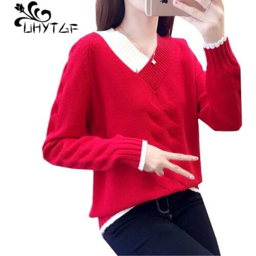 UHYTGF Sweater woman 2019 Fashion V-neck spring autumn sweater female color matching knit pullover casual short sweaters coat435