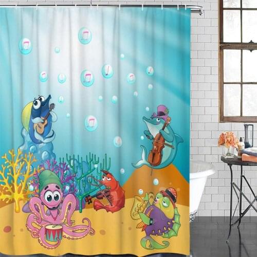 Cartoon Bath Curtain Ocean Sea Animals Concert Shower Curtain Waterproof Polyester Fabric Bathroom Decor